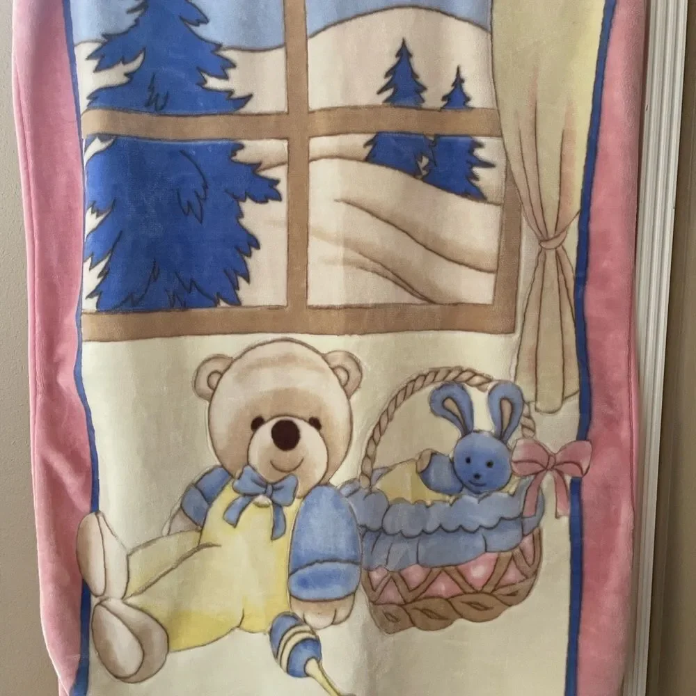 Korean Mink Vintage Bear Cabin in the Woods Baby Blanket Spring Easter Theme